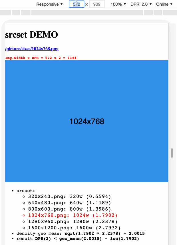 Chrome で DPR2 のとき 572px では 1024w が、 573px では 1280w が選択された