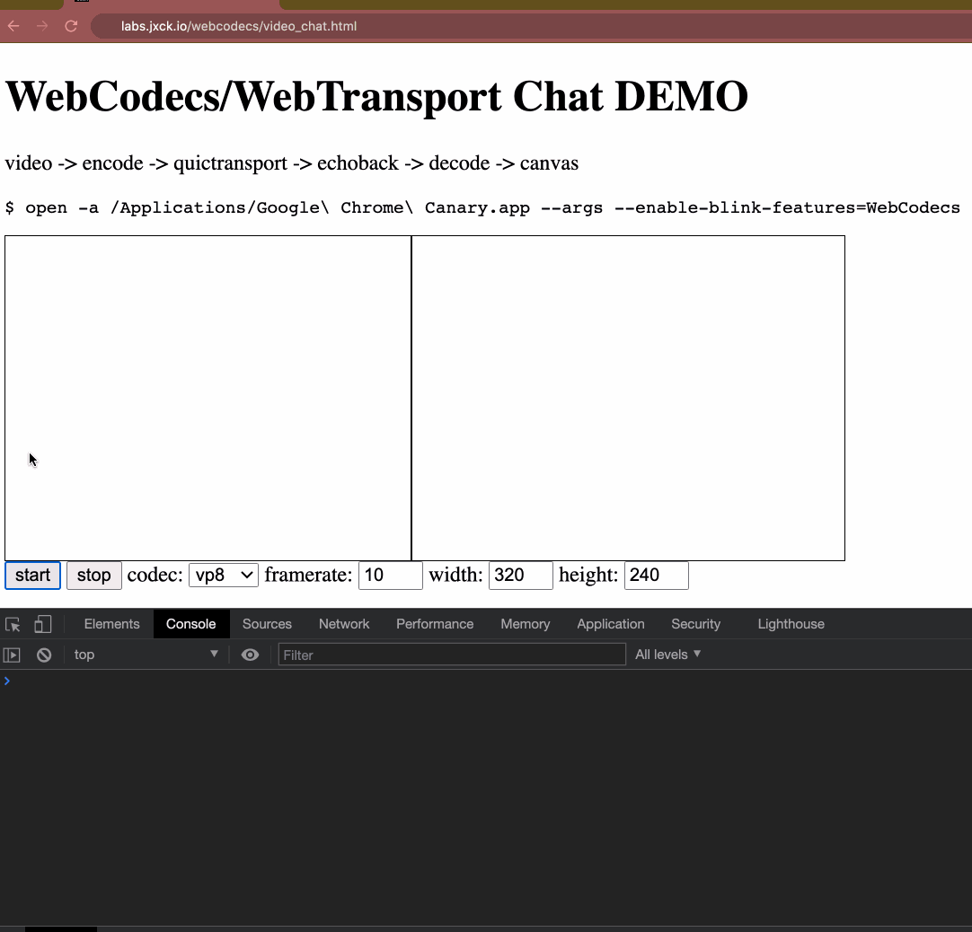 WebCodecs と WebTransport で作成したビデオチャットのデモ動作風景