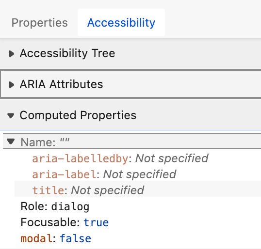 Accessibility Tree 上は role: dialog, modal: false になっている