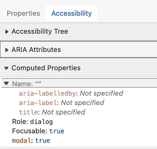 Accessibility Tree 上は role: dialog, modal: true になっている