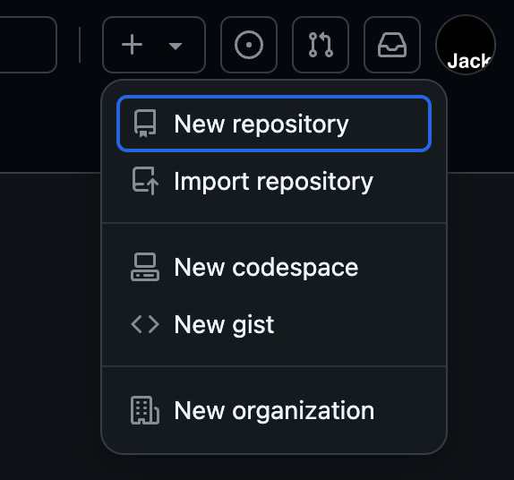 GitHub のリポジトリ作成などのメニューが表示される Popover