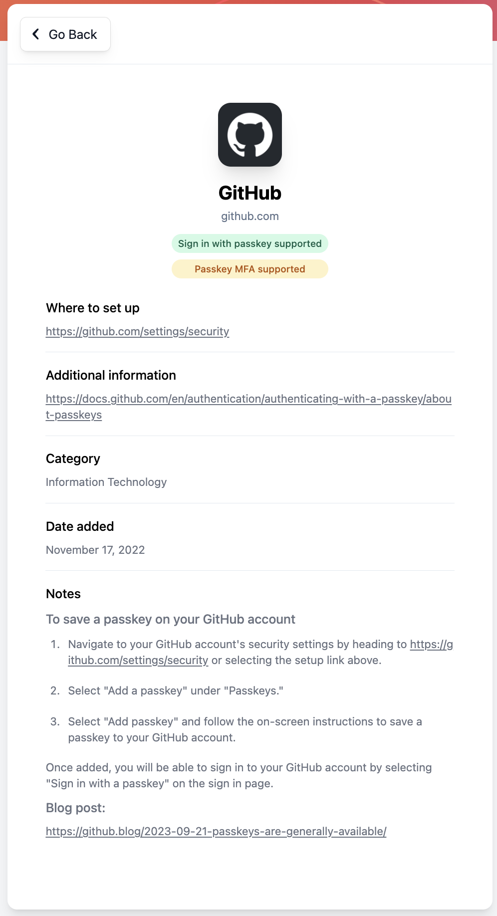 GitHub の passkeys.directory 登録