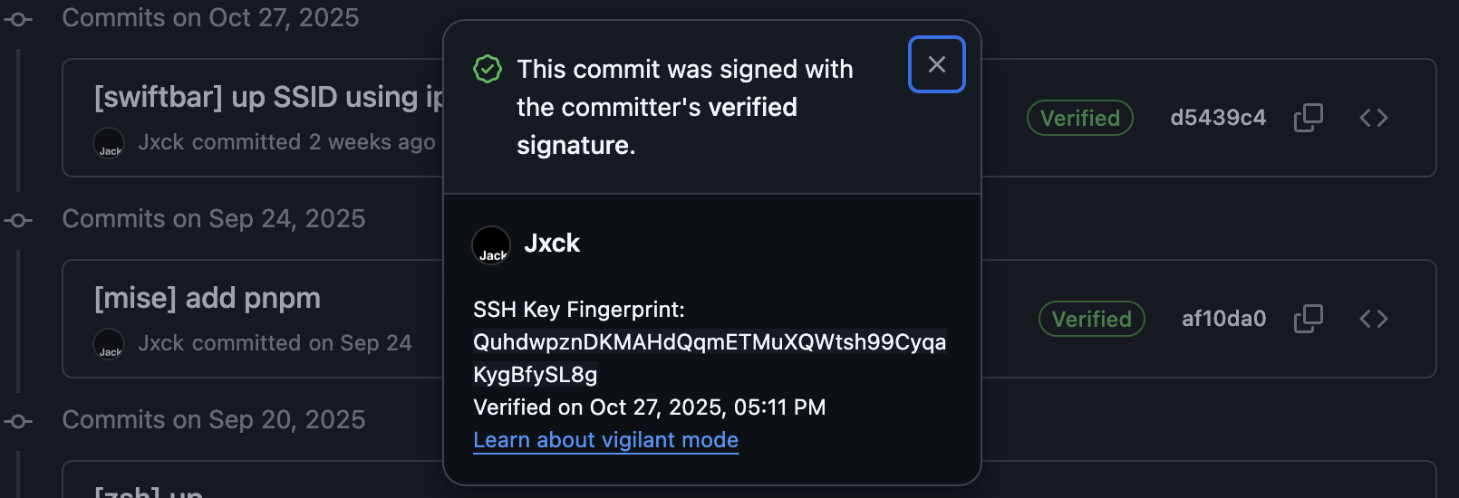 GitHub に表示される署名の検証バッジ