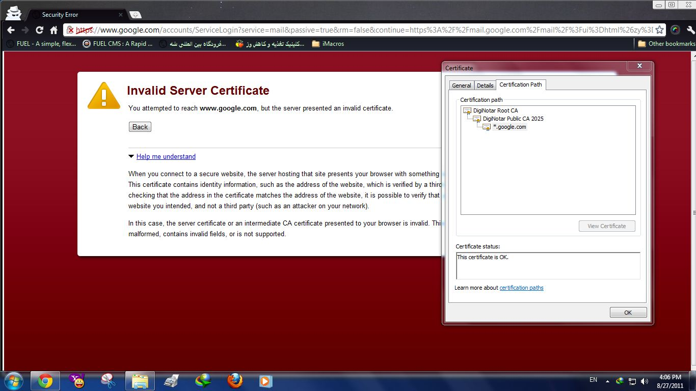 Google Certificate Error caused by DigiNotar