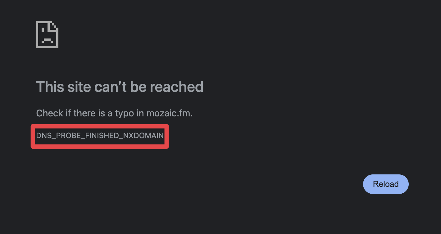 Chrome の DNS_PROBE_FINISHED_NXDOMAIN エラー画面